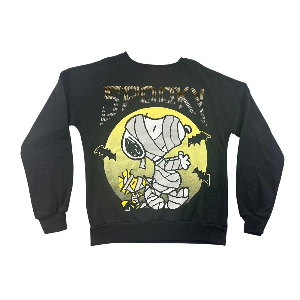 Peanuts Sweatshirt Women XS Black Spooky Snoopy Mummy Halloween Rhinestone